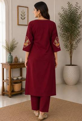 Cotton blend maroon embroidered kurta with pant set for women 4
