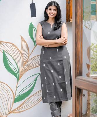 Cotton blend grey printed kurta with pant set for women 1