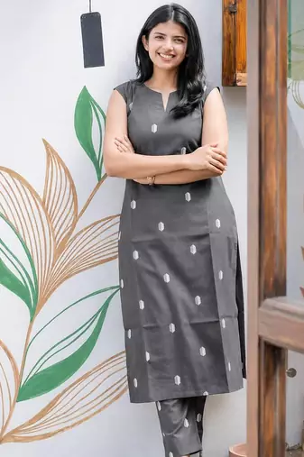 Cotton blend grey printed kurta with pant set for women