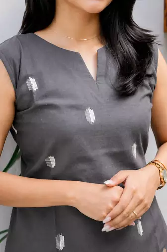 Cotton blend grey printed kurta with pant set for women