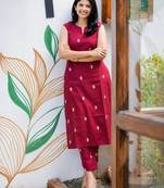 Cotton blend rose red printed kurta with pant set for women