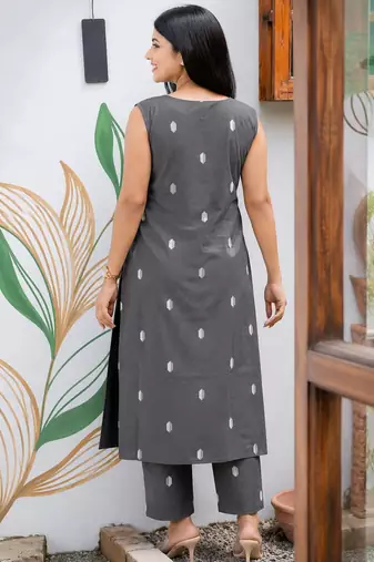Cotton blend grey printed kurta with pant set for women