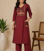 Slub cotton maroon embroidered kurta with pant set for women