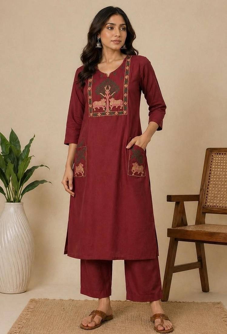 Slub cotton maroon embroidered kurta with pant set for women