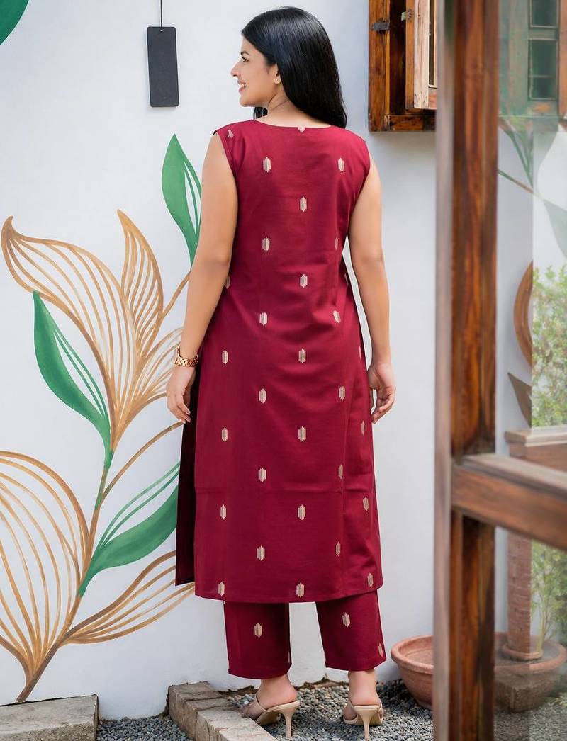 Cotton blend rose red printed kurta with pant set for women