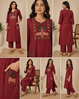 Slub cotton maroon embroidered kurta with pant set for women 2