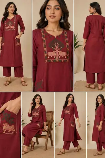 Slub cotton maroon embroidered kurta with pant set for women