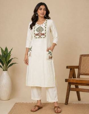 Slub cotton white embroidered kurta with pant set for women 1