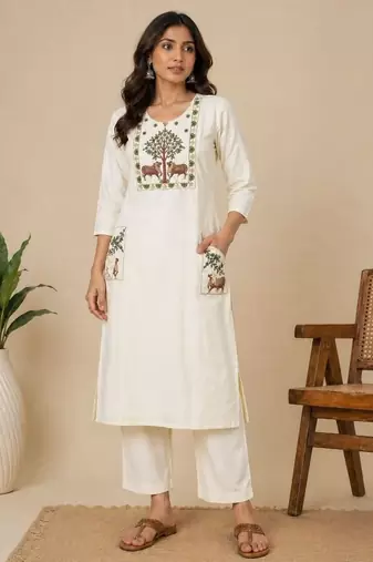 Slub cotton white embroidered kurta with pant set for women