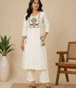 Slub cotton white embroidered kurta with pant set for women
