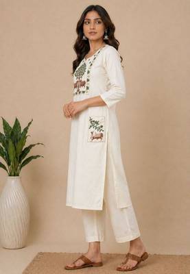Slub cotton white embroidered kurta with pant set for women 2