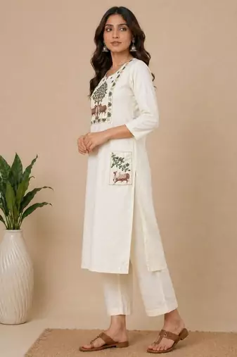 Slub cotton white embroidered kurta with pant set for women