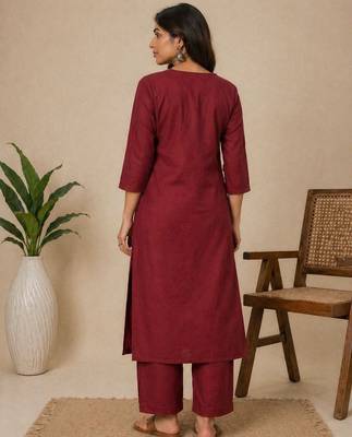 Slub cotton maroon embroidered kurta with pant set for women 4