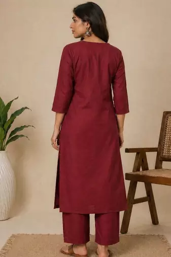 Slub cotton maroon embroidered kurta with pant set for women