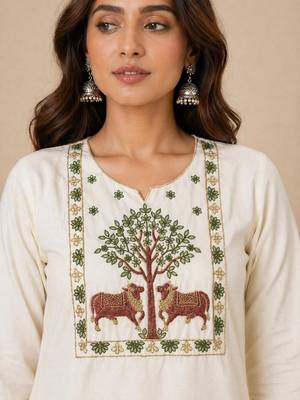 Slub cotton white embroidered kurta with pant set for women 3