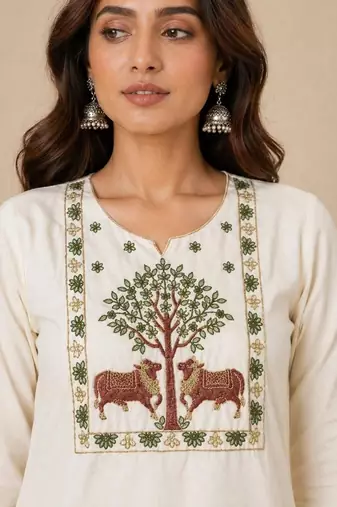 Slub cotton white embroidered kurta with pant set for women