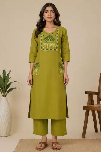 Slub cotton olive embroidered kurta with pant set for women