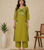 Slub cotton olive embroidered kurta with pant set for women