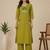 Slub cotton olive embroidered kurta with pant set for women