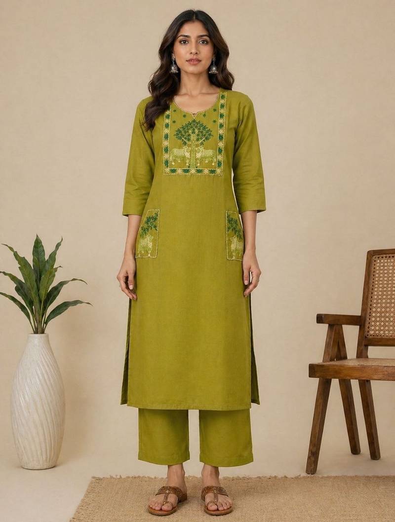 Slub cotton olive embroidered kurta with pant set for women