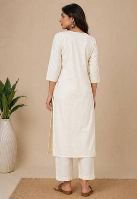 Slub cotton white embroidered kurta with pant set for women 4