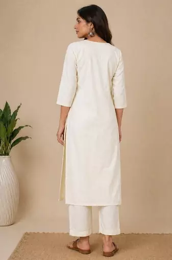 Slub cotton white embroidered kurta with pant set for women