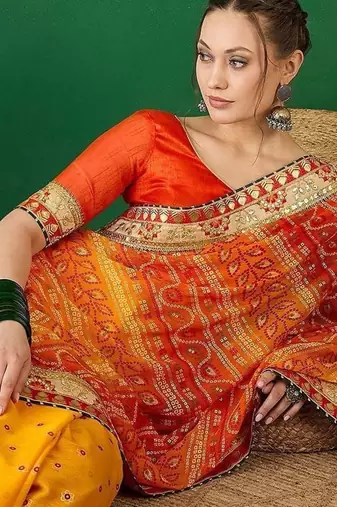 Bandhani Sequinned Pure Chiffon Half and Half Bandhani Saree