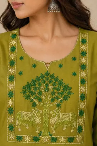 Slub cotton olive embroidered kurta with pant set for women