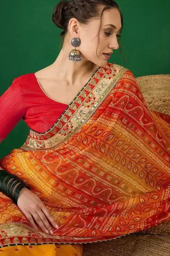 Bandhani Sequinned Pure Chiffon Half and Half Bandhani Saree