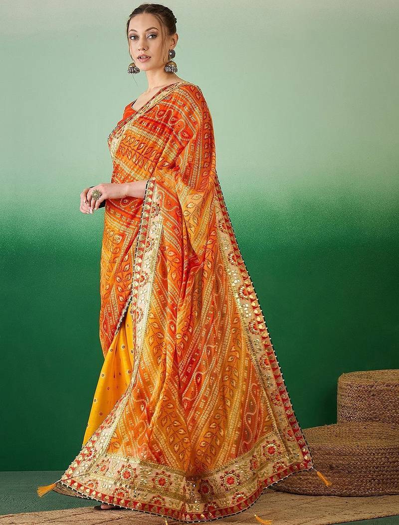 Bandhani Sequinned Pure Chiffon Half and Half Bandhani Saree