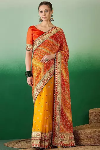 Bandhani Sequinned Pure Chiffon Half and Half Bandhani Saree