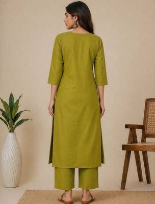 Slub cotton olive embroidered kurta with pant set for women 4