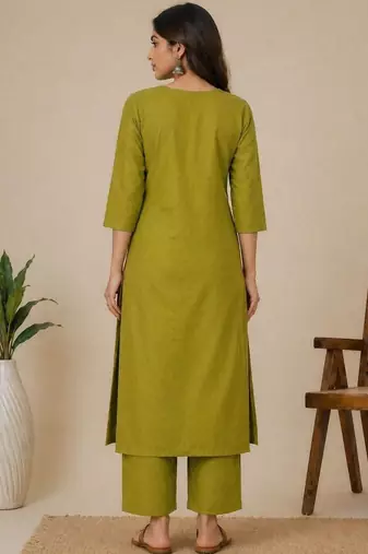 Slub cotton olive embroidered kurta with pant set for women