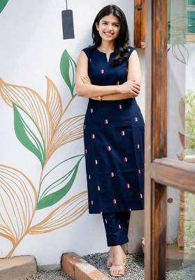 Cotton blend blue printed kurta with pant set for women 1