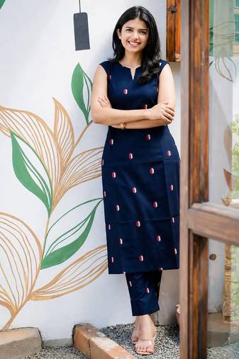 Cotton blend blue printed kurta with pant set for women