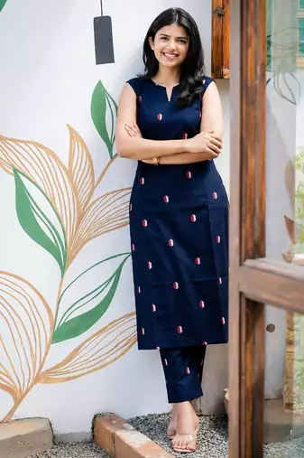 Cotton blend blue printed kurta with pant set for women
