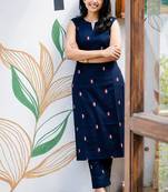 Cotton blend blue printed kurta with pant set for women