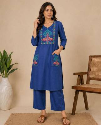 Slub cotton blue embroidered kurta with pant set for women 1