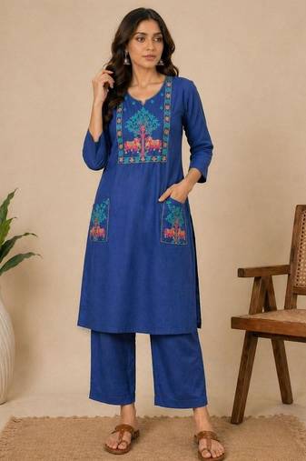Slub cotton blue embroidered kurta with pant set for women