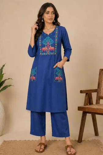 Slub cotton blue embroidered kurta with pant set for women