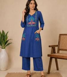 Slub cotton blue embroidered kurta with pant set for women