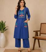 Slub cotton blue embroidered kurta with pant set for women