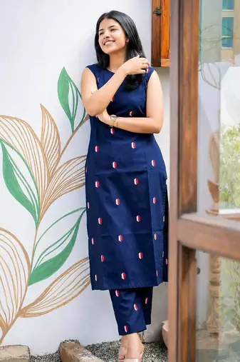 Cotton blend blue printed kurta with pant set for women