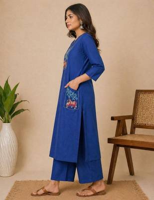 Slub cotton blue embroidered kurta with pant set for women 2