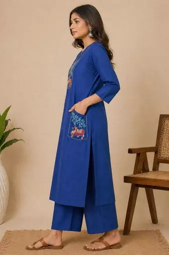 Slub cotton blue embroidered kurta with pant set for women