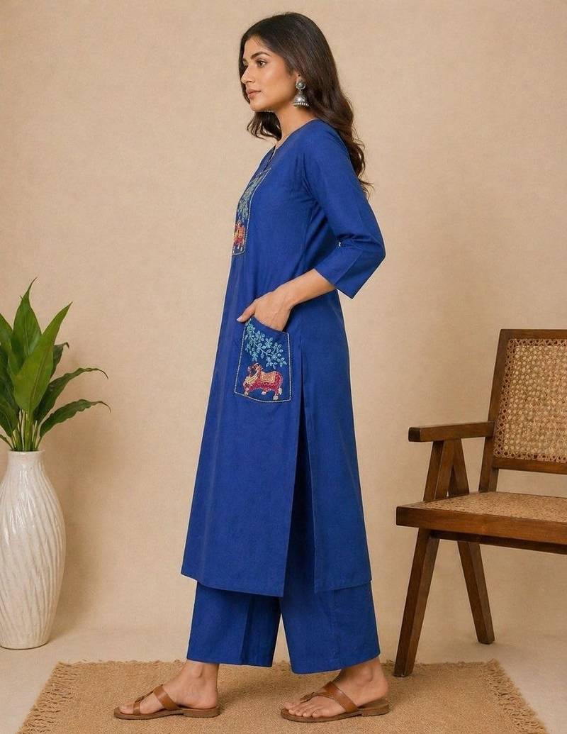 Slub cotton blue embroidered kurta with pant set for women