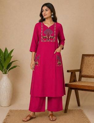 Slub cotton pink embroidered kurta with pant set for women 1