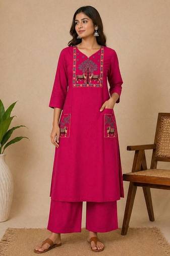 Slub cotton pink embroidered kurta with pant set for women