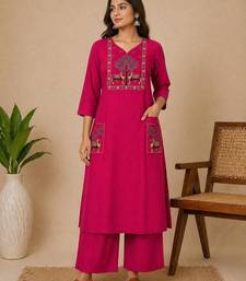 Slub cotton pink embroidered kurta with pant set for women