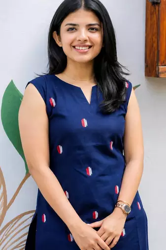 Cotton blend blue printed kurta with pant set for women